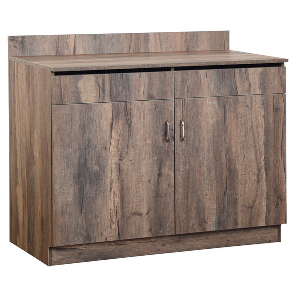 A BFM Seating wooden double door waitress station cabinet.