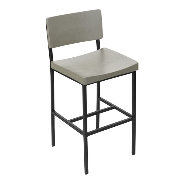 A BFM Seating Memphis bar stool with a gray wooden back and seat and a black frame.