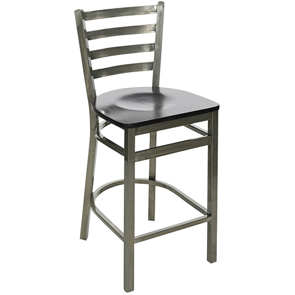 A BFM Seating black metal bar stool with a black wooden seat.