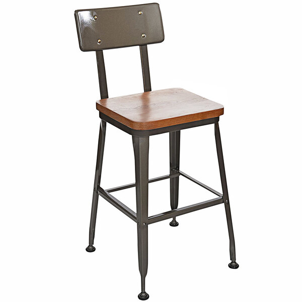A BFM Seating metal bar stool with a wooden seat.