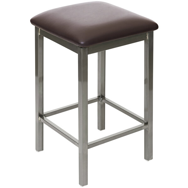 A BFM Seating Trent clear coated steel restaurant bar stool with a dark brown cushion.