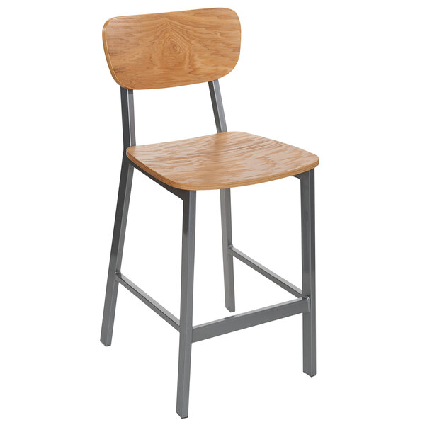 A BFM Seating Hamilton steel bar stool with a natural ash wooden seat and metal frame.