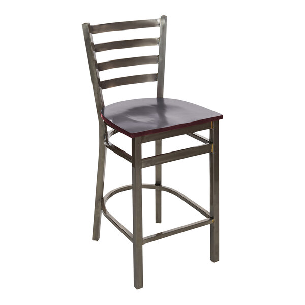 BFM Seating Lima Clear Coated Steel Counter Height Bar Stool with Mahogany Wooden Seat