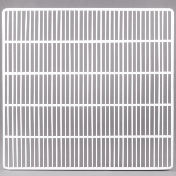A white metal shelf grid with white lines forming squares.
