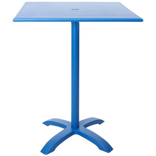 A berry powder coated aluminum table with a blue top.