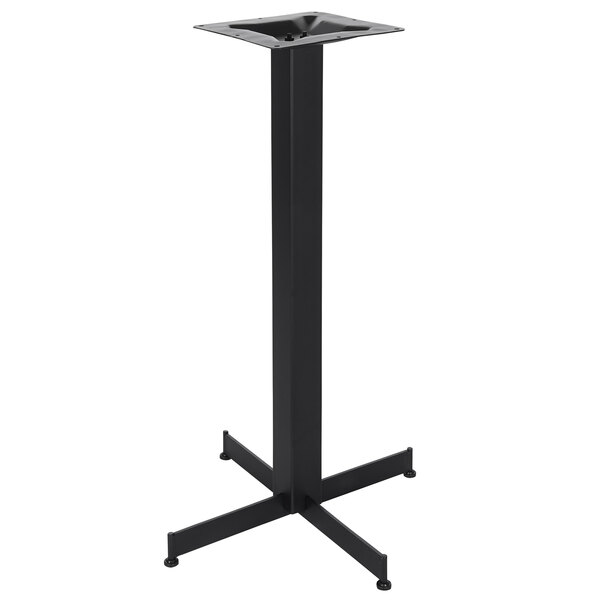 A BFM Seating black rectangular stamped steel table base on a bar table.