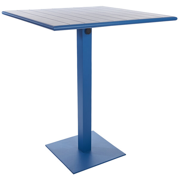 A blue square BFM Seating Beachcomber-Margate table with a square base.