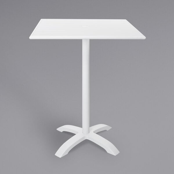 A white square BFM Seating table with a white metal base.