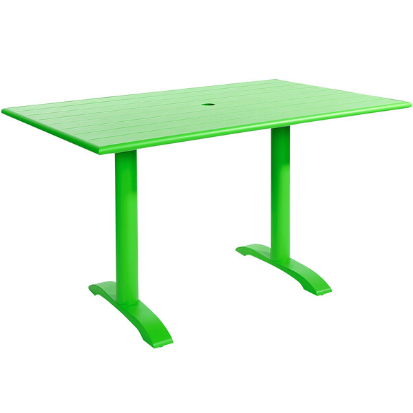 A lime green rectangular BFM Seating Bali-Beachcomber table with a cross base.