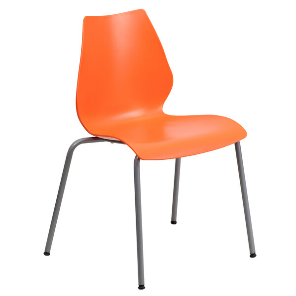 An orange plastic Flash Furniture stack chair with metal legs.