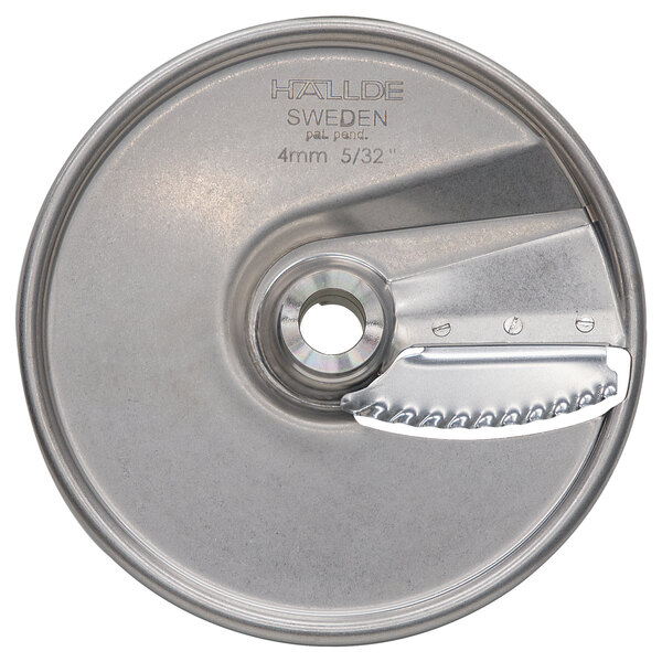 A Hobart stainless steel slicing / crimping plate with a circular metal blade and a hole in the center.