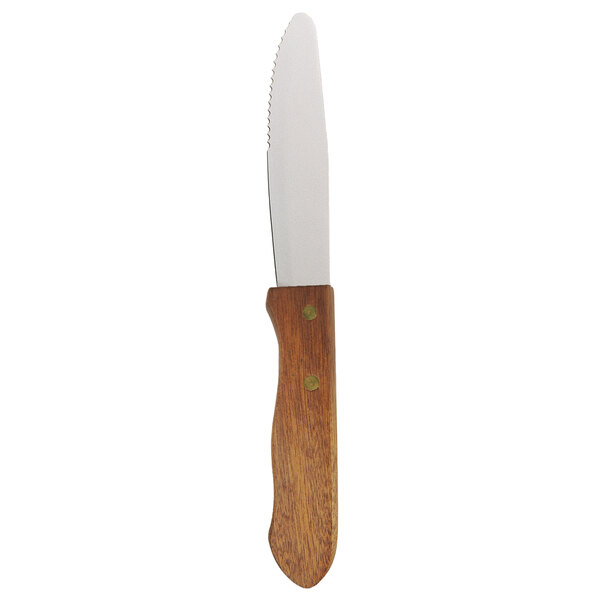 A Walco stainless steel steak knife with a serrated round tip and jumbo wood handle.