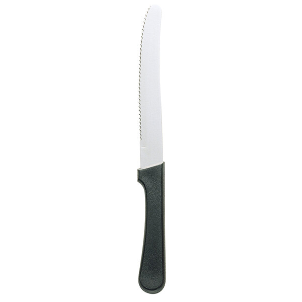 A close-up of a Walco stainless steel serrated steak knife with a black polypropylene handle.