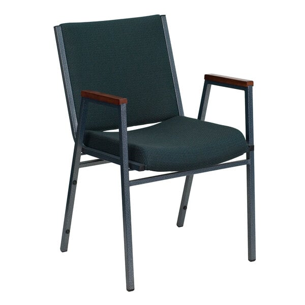 A green Flash Furniture stack chair with armrests.