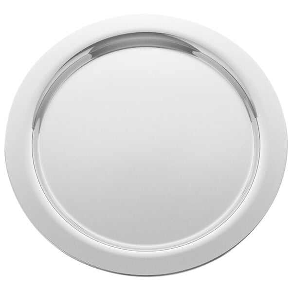A white plate with a silver circular rim.