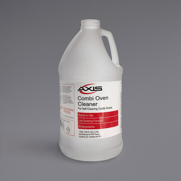 A white jug of Axis Combi Oven Cleaner with a red label.