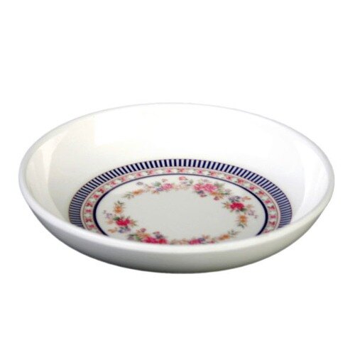 A white Thunder Group melamine sauce dish with a rose design.