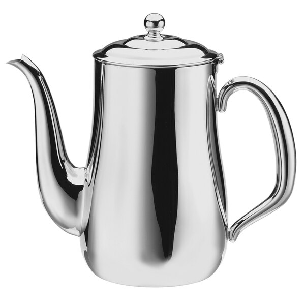 A brushed stainless steel Walco gooseneck coffee pot with a lid.