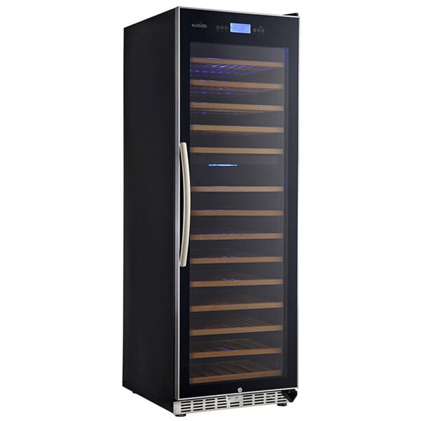A black Eurodib wine refrigerator with a full glass door and white handle.