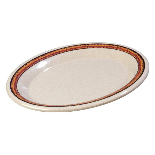 A white Carlisle oval melamine platter with a brown mosaic border.