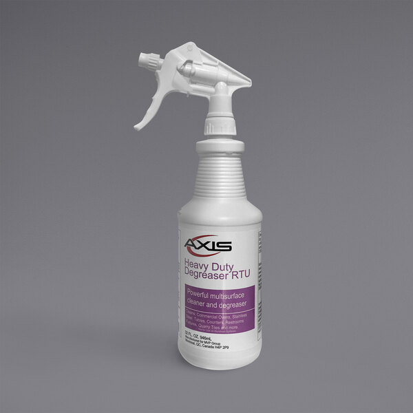A white plastic spray bottle of Axis Heavy-Duty Combi Oven Degreaser with a purple and white label.