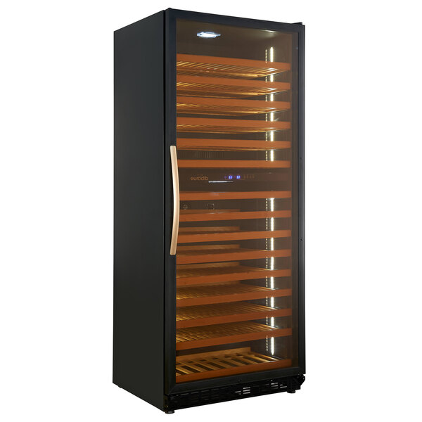 A large black Eurodib wine refrigerator with a full glass door.