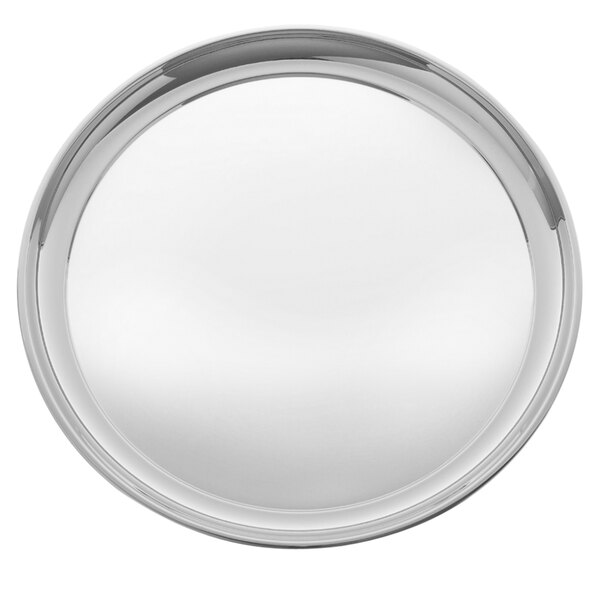 A close-up of a stainless steel round serving tray with a silver finish.