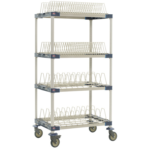 A white and blue MetroMax 4 mobile four tier rack with wheels.