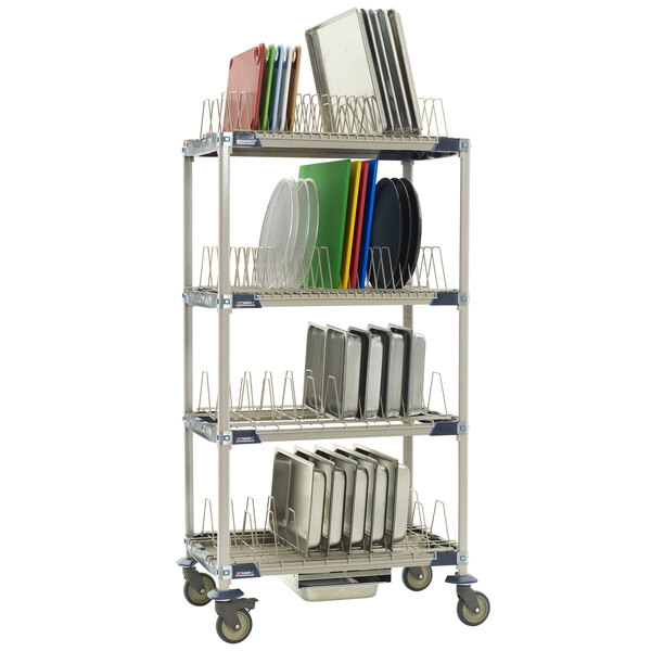 A MetroMax metal rack with trays and plates on it.