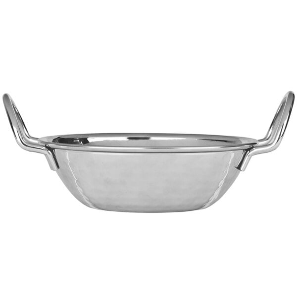 A close-up of a silver Libbey stainless steel bowl with handles.