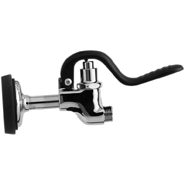A chrome Equip by T&S replacement spray valve for a hose reel with a black handle.