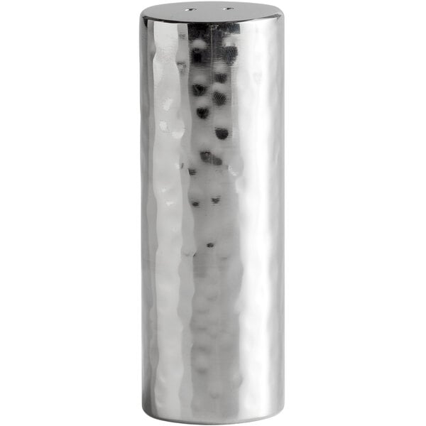 A silver cylindrical Libbey stainless steel salt shaker with a textured surface.