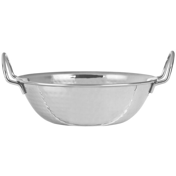 A silver Libbey stainless steel bowl with handles.