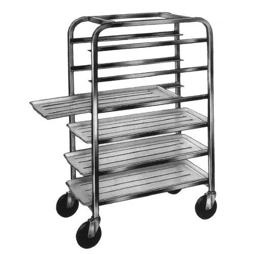 A Winholt aluminum platter cart with four shelves loaded with trays.