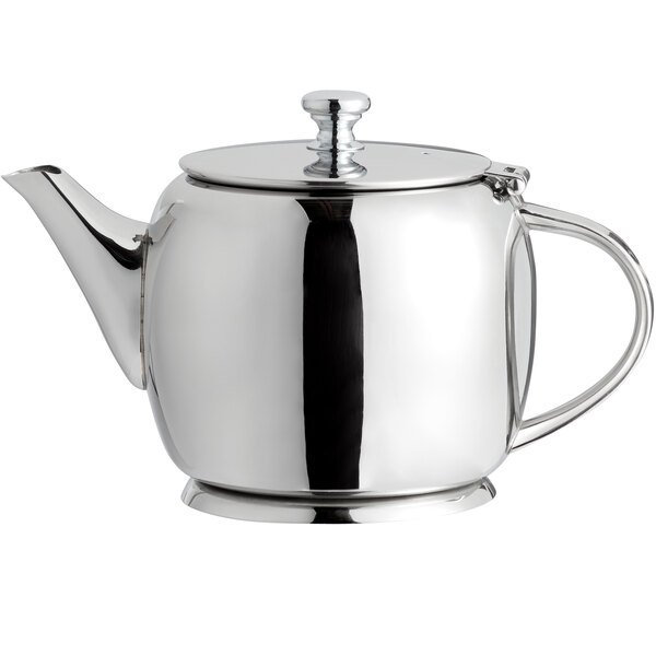 A silver stainless steel Libbey Belle II teapot with a lid.