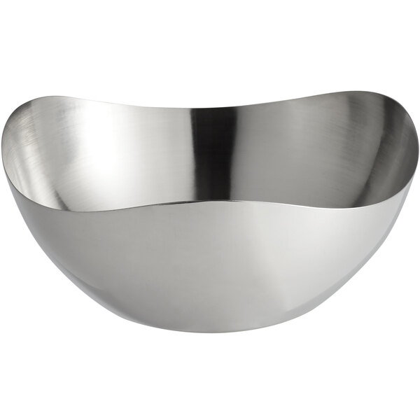 A silver stainless steel Libbey Tri-Tip Bowl with a curved edge.