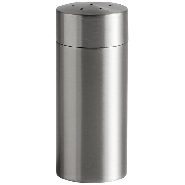 A Libbey stainless steel salt shaker with a lid.