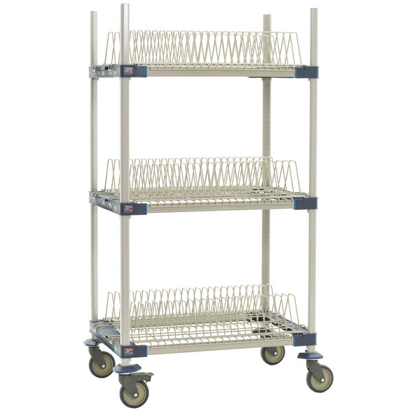 A white MetroMax 4 mobile three tier tray drying rack with blue accents.
