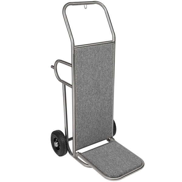 A gray and brushed stainless steel CSL Deluxe luggage cart with wheels and a handle.