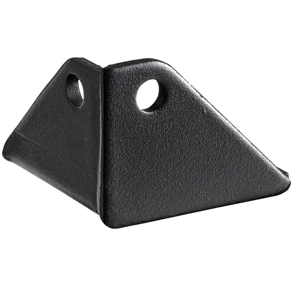 A black metal AvaValley bottom hinge with holes.