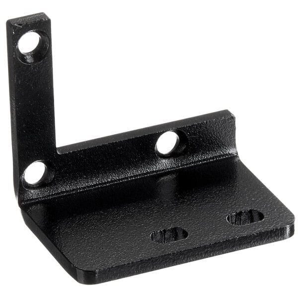 A black metal AvaValley bottom left hinge bracket with holes.