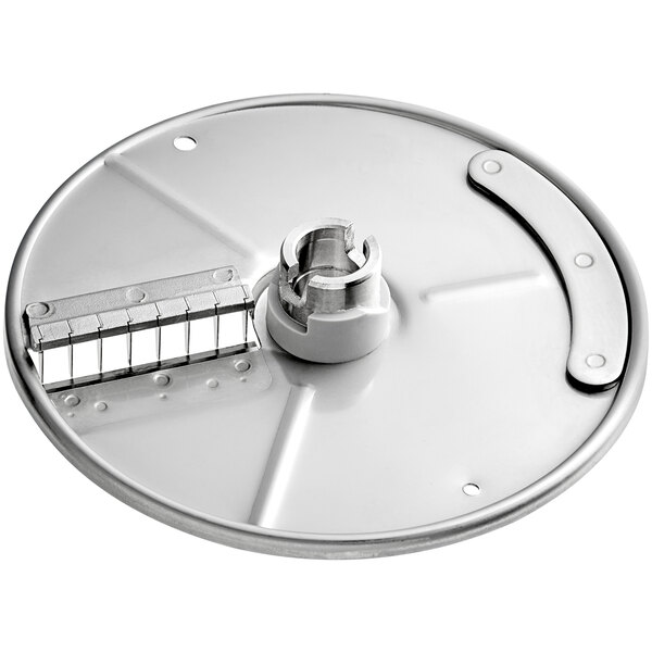 A circular metal AvaMix Julienne Plate with a nut.