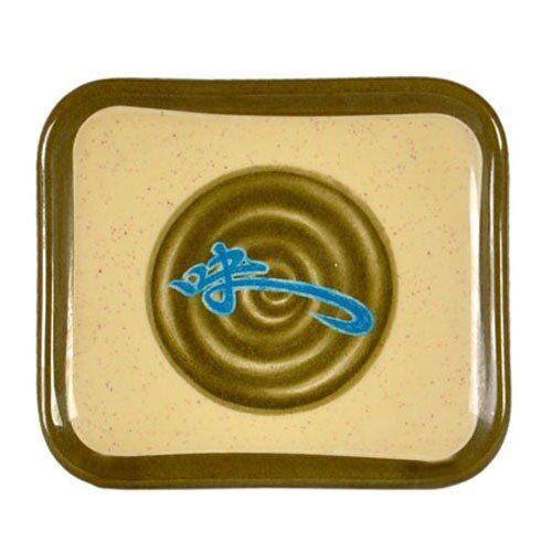 A brown rectangular melamine plate with a blue and green swirly design on it.