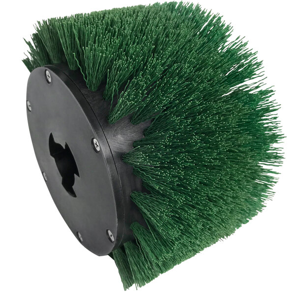 A round green MotorScrubber Tynex brush with black bristles.