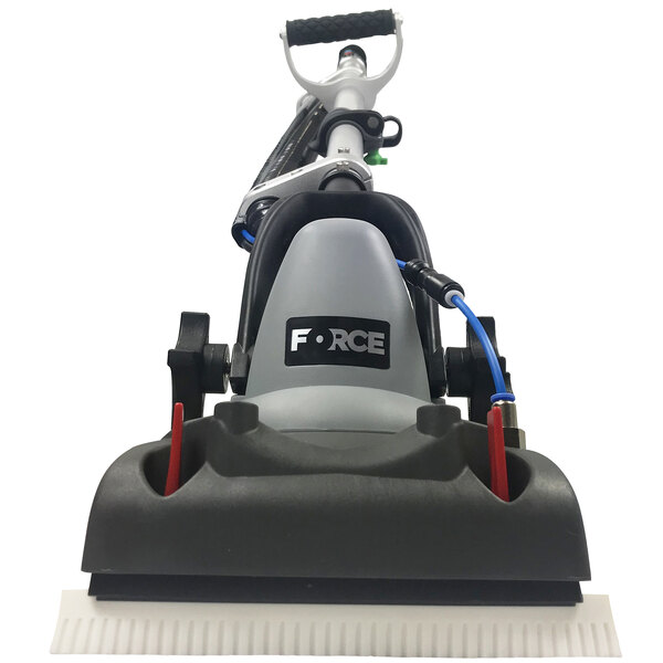 A MotorScrubber AGM cordless floor scrubber with a black and white handle.