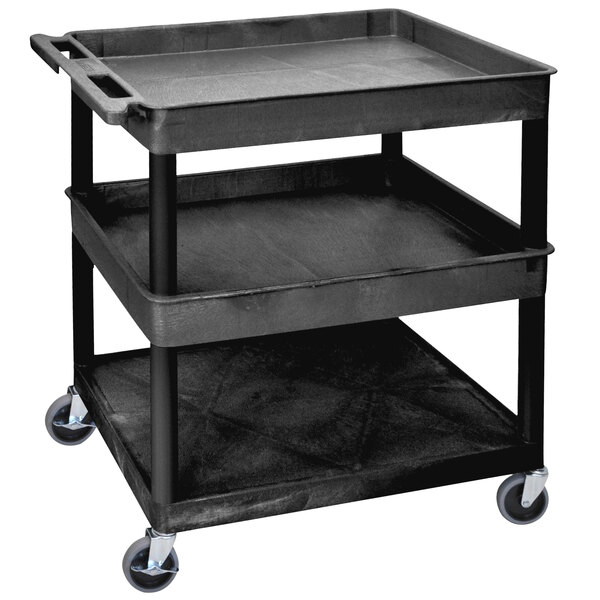 A black Luxor utility cart with three shelves and wheels.