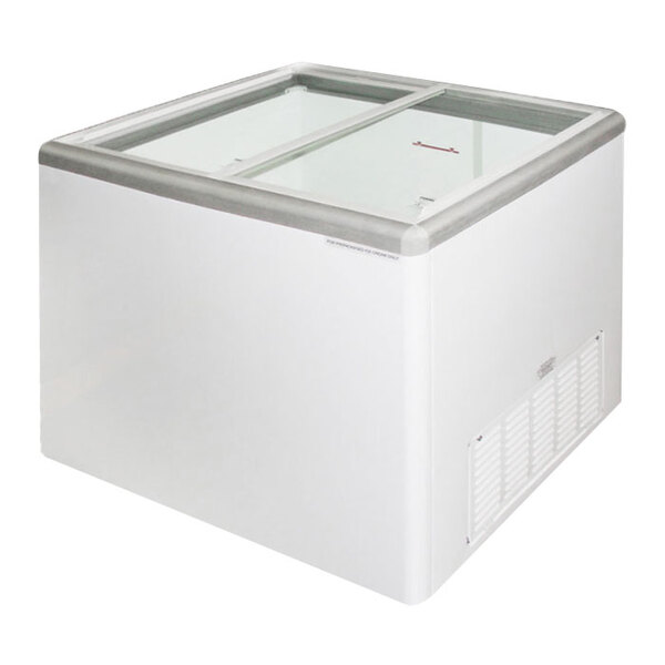 A white rectangular display freezer with glass flat top lids.