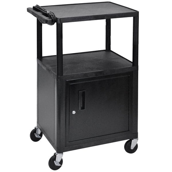 A black Luxor A/V cart with two shelves and a locking cabinet on wheels.