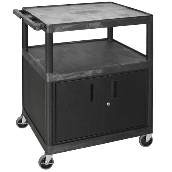 A black Luxor coffee cart with cabinet and wheels.