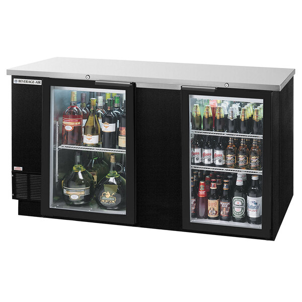 A black Beverage-Air back bar wine refrigerator with glass doors filled with bottles of alcohol.